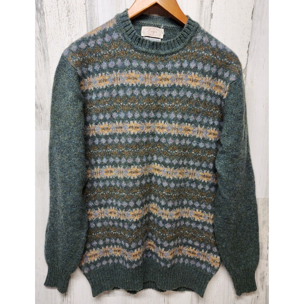 Vintage Levy's Sweater Men L Green Knit 100% Wool Jumper Geometric Grandpacore